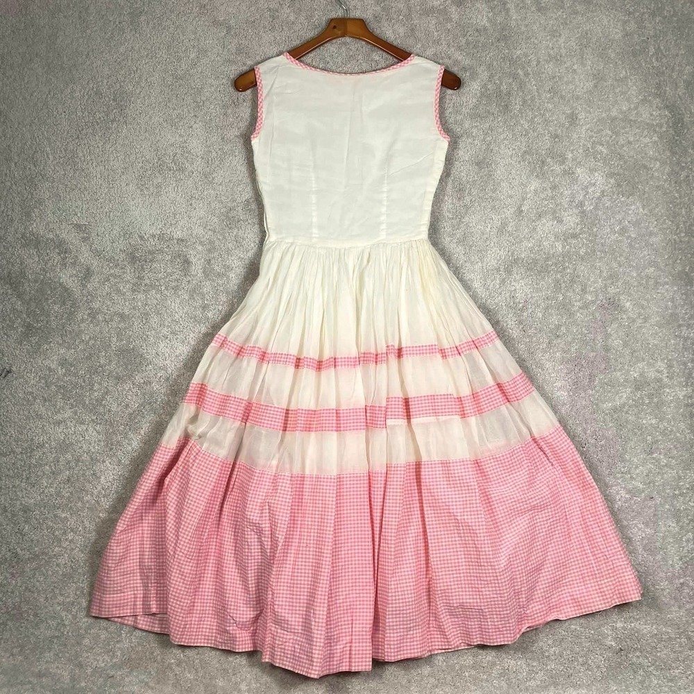 Vintage 50s Pink Gingham Organza Fit and Flare Dress White Sleeveless Midi - Picture 14 of 16